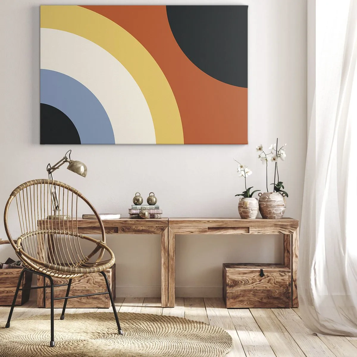 Bild auf Leinwand - Leinwandbild - Abstraktes Kunstwerk mit bunten Bögen und kontrastierenden Kreisen - 70x50cm - Zu mir selbst - Moderne Wanddekoration für Wohnzimmer und Schlafzimmer ARTTOR