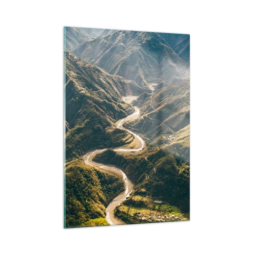 Glasbild - Bild auf glas - Eine kurvenreiche Straße schlängelt sich durch grüne Bergtäler - 50x70cm - Direkt aus dem Herzen der Berge - Moderne Wanddekoration für Wohnzimmer und Schlafzimmer ARTTOR