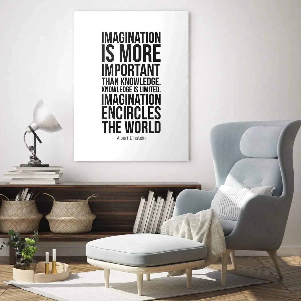 Glasbild - Bild auf glas - Inspirierendes Zitat auf weißem Hintergrund in schwarzer Schrift - 70x100cm - Einstein über die Kraft der Vorstellungskraft - Moderne Wanddekoration für Wohnzimmer und Schlafzimmer ARTTOR