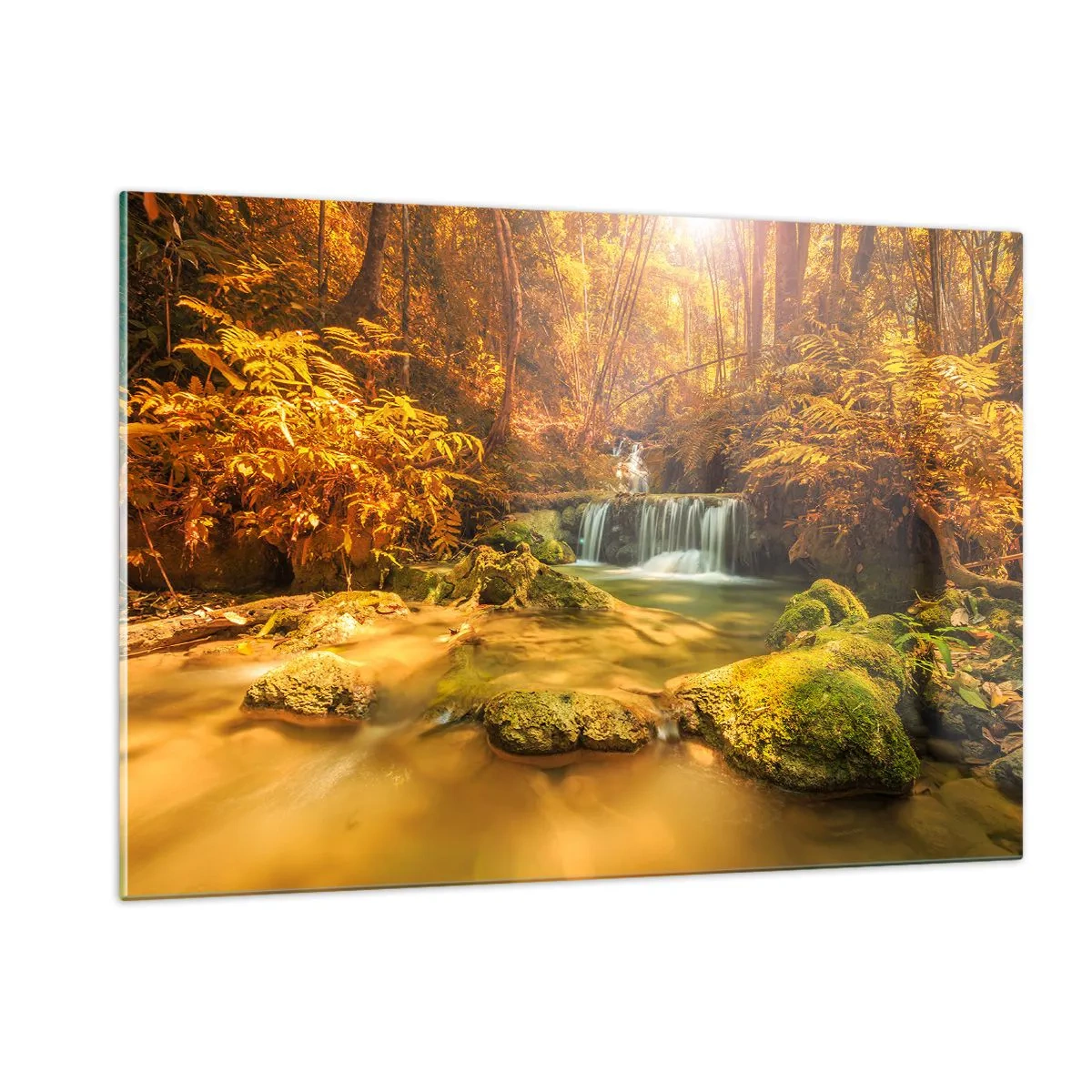 Glasbild - Bild auf glas - Waldkaskade in Gold - 120x80cm - Waldkaskade in Gold - Moderne Wanddekoration für Wohnzimmer und Schlafzimmer ARTTOR