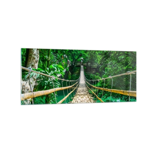 Glasbild - Bild auf glas - Eine hängende Bambusbrücke, umgeben von Grün - 120x50cm - Monkey Bridge über das Grün - Moderne Wanddekoration für Wohnzimmer und Schlafzimmer ARTTOR
