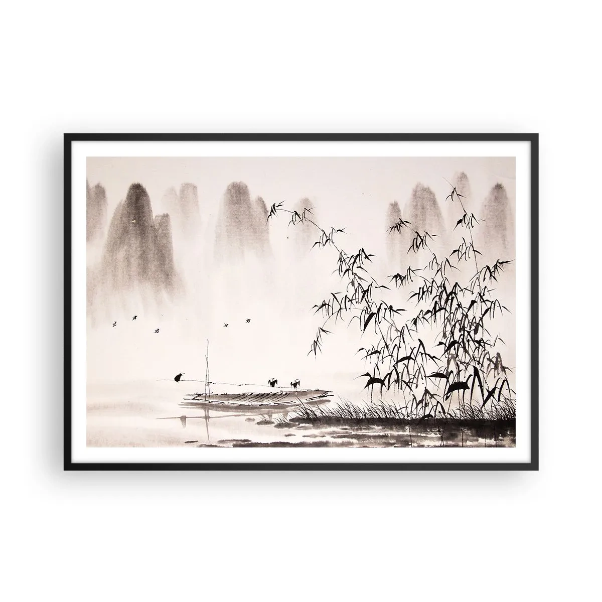 Poster in einem schwarzem Rahmen - Eine minimalistische Landschaft im orientalischen Stil - 100x70cm - Die Stille der Reisfelder - Moderne Wanddekoration für Wohnzimmer und Schlafzimmer ARTTOR