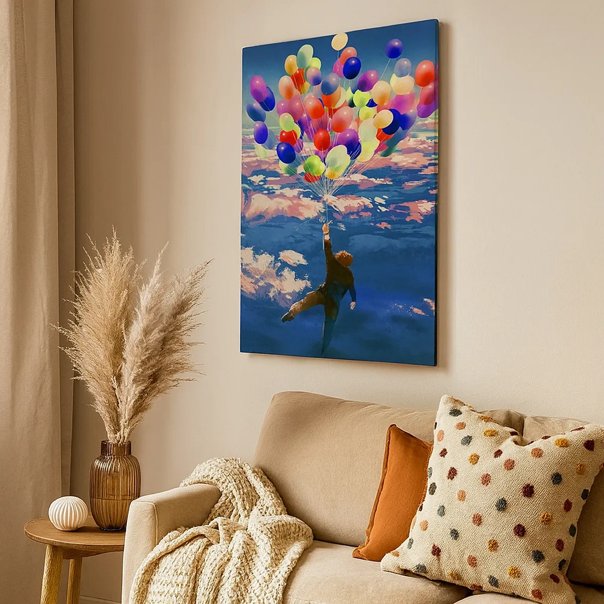 Bild auf Leinwand - Leinwandbild - Eine Figur, die mit bunten Luftballons über den Wolken schwebt - 50x70cm - Ein Kindheitstraum wird wahr - Moderne Wanddekoration für Wohnzimmer und Schlafzimmer ARTTOR