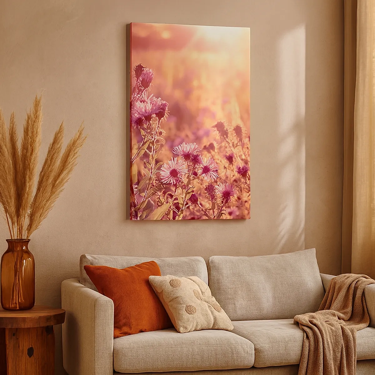 Bild auf Leinwand - Leinwandbild - Wiese im Licht der untergehenden Sonne - 50x70cm - Bevor der Sommer vorbei ist - Moderne Wanddekoration für Wohnzimmer und Schlafzimmer ARTTOR