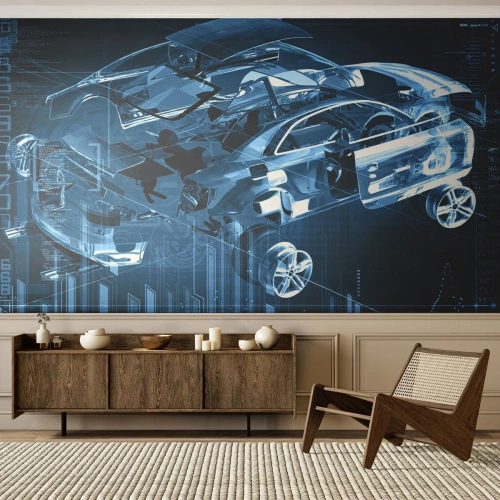 Fototapete Premium Sand - Ein holografisches Automodell mit Technologieelementen - 100x70cm - Technische Anatomie - Moderne Wanddekoration für Wohnzimmer und Schlafzimmer ARTTOR