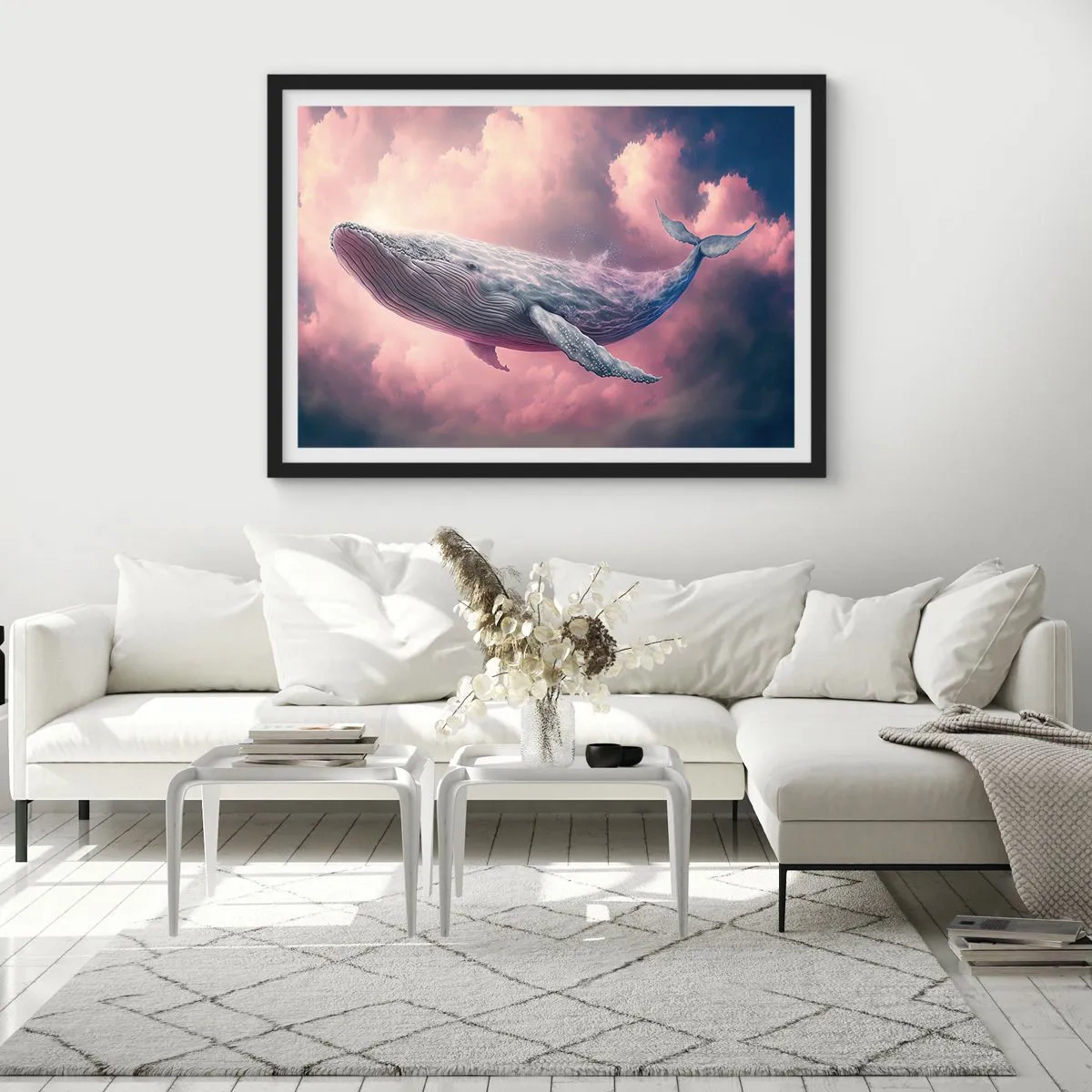 Poster in einem schwarzem Rahmen - Ein Wal, der bei Sonnenuntergang in den Wolken schwebt - 70x50cm - Reibe deine Augen - Moderne Wanddekoration für Wohnzimmer und Schlafzimmer ARTTOR