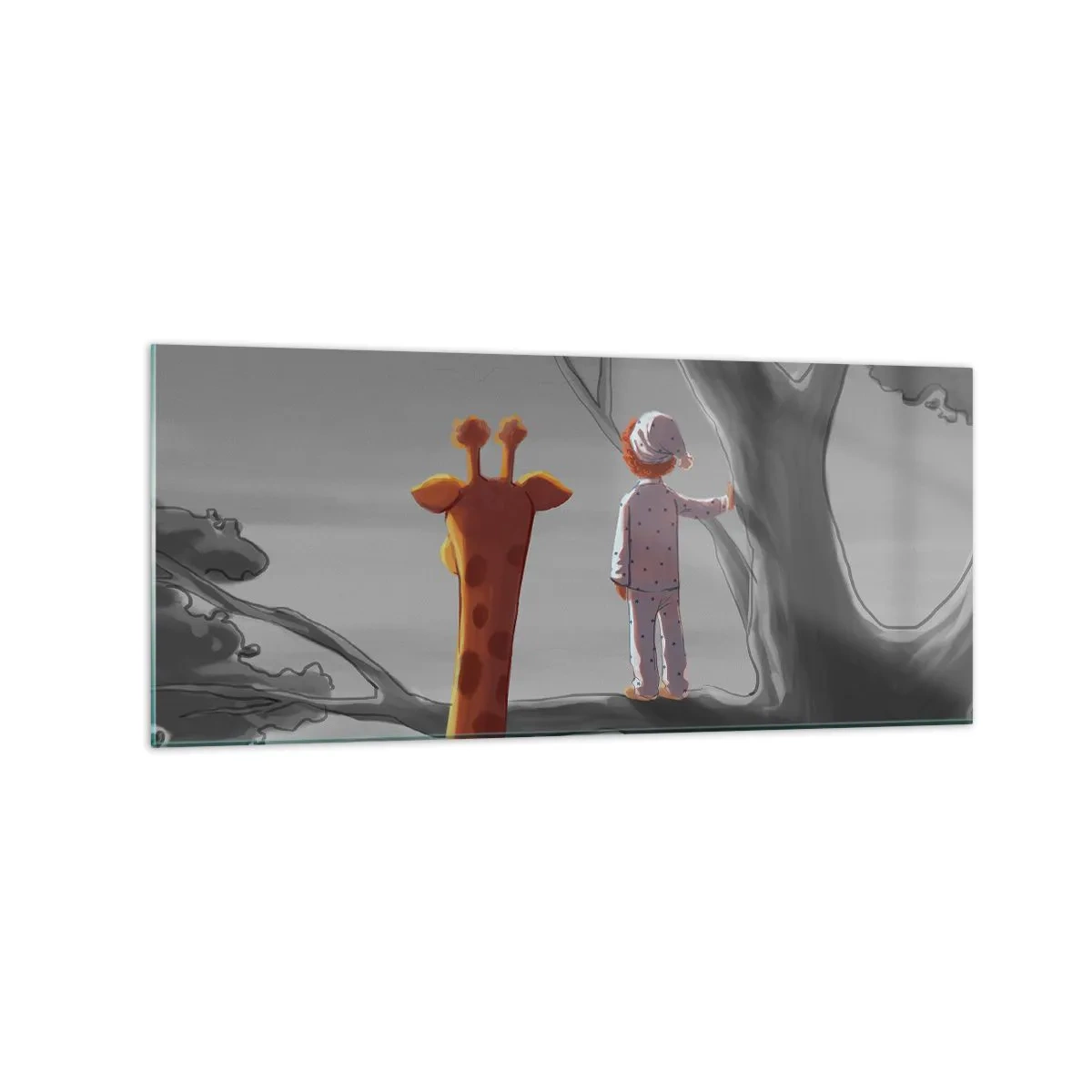 Glasbild - Bild auf glas - Ein Kind und eine Giraffe auf einem Ast in einer Märchenlandschaft - 120x50cm - Das passiert wirklich - Moderne Wanddekoration für Wohnzimmer und Schlafzimmer ARTTOR