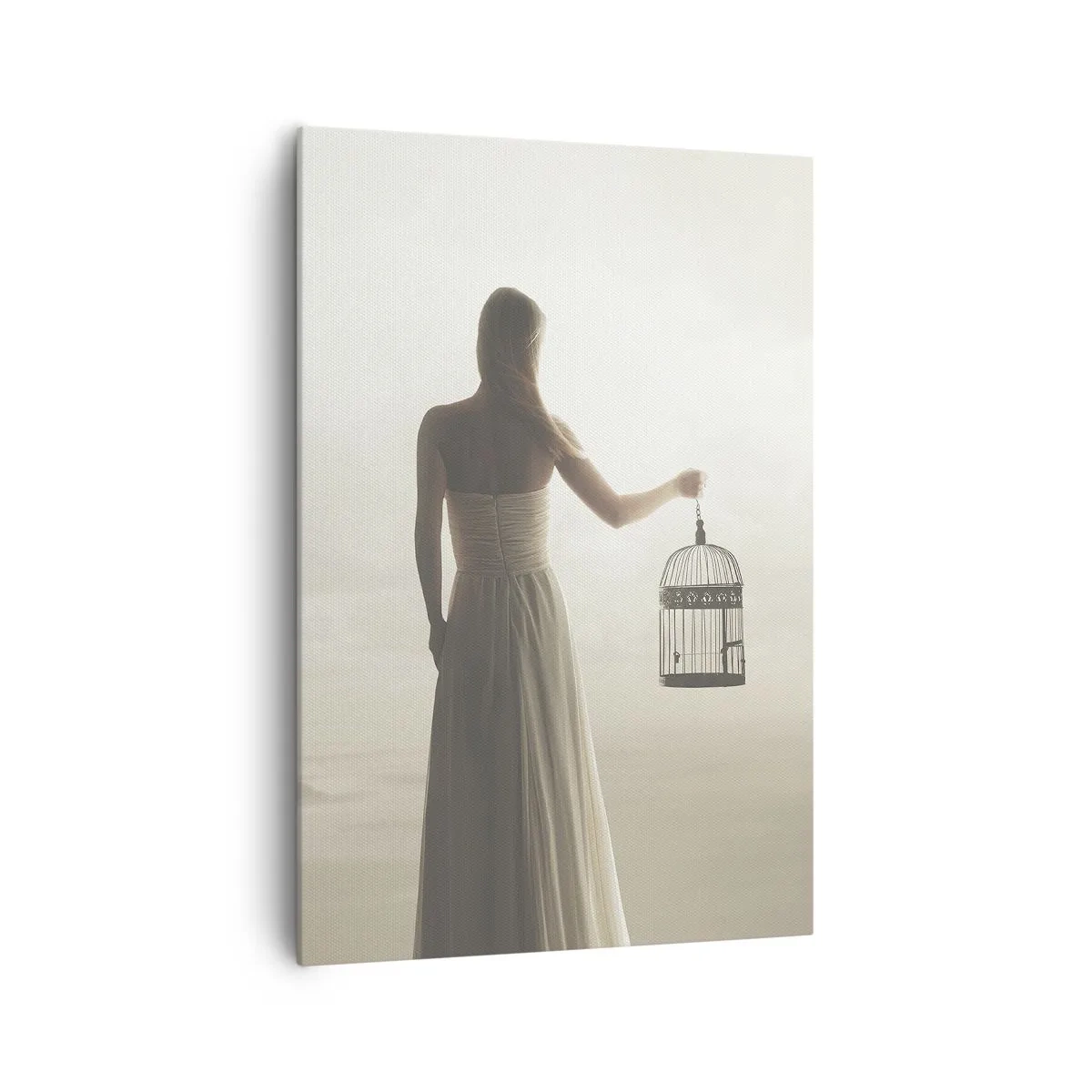 Bild auf Leinwand - Leinwandbild - Eine Frau mit einem Käfig vor einem ruhigen Himmel - 70x100cm - Sei frei - Moderne Wanddekoration für Wohnzimmer und Schlafzimmer ARTTOR
