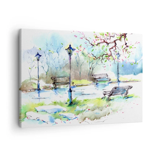 Bild auf Leinwand - Leinwandbild - Aquarell-Parkszene mit Bänken und Lampen - 70x50cm - Der Zauber der Stille des Parks - Moderne Wanddekoration für Wohnzimmer und Schlafzimmer ARTTOR