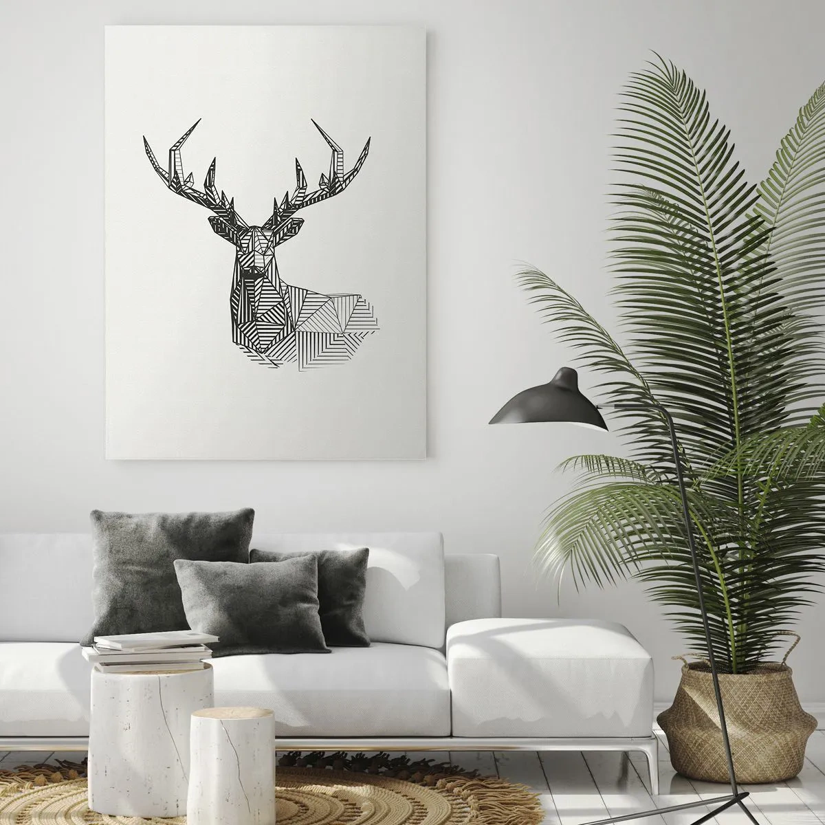 Glasbild - Bild auf glas - Geometrisches Bild eines Hirsches im minimalistischen Schwarz-Weiß-Stil - 70x100cm - Ein Hirsch im kubistischen Stil - Moderne Wanddekoration für Wohnzimmer und Schlafzimmer ARTTOR