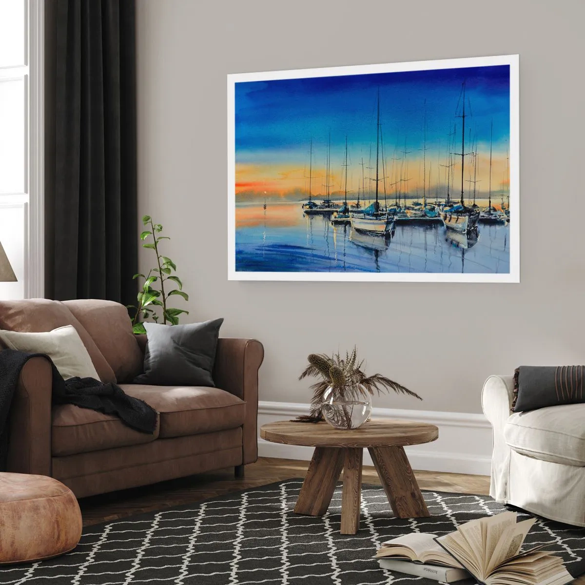 Poster - Yachthafen bei Sonnenuntergang mit Spiegelungen auf dem Wasser - 100x70cm - Ende eines guten Tages - Moderne Wanddekoration für Wohnzimmer und Schlafzimmer ARTTOR