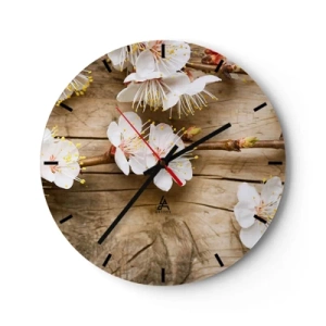 Wanduhr - Glasuhr - Blühende Kirschblüten auf einem Holzbretthintergrund in warmen Tönen - 30x30cm - Und es war Frühling - Moderne Wanddekoration für Wohnzimmer, Küche und Schlafzimmer ARTTOR