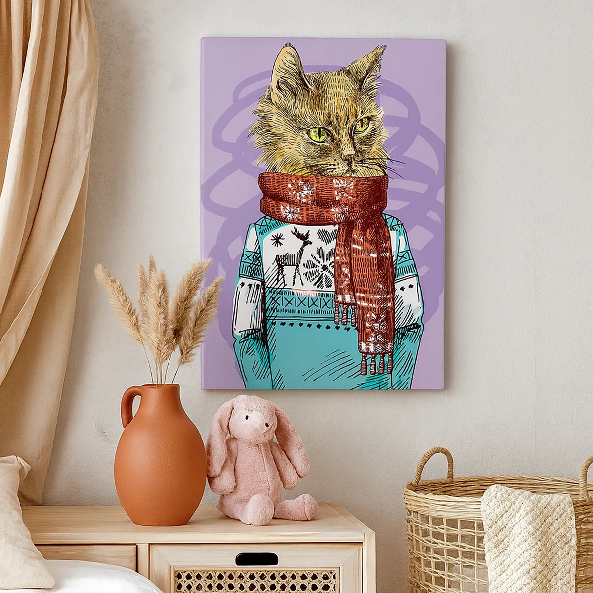 Bild auf Leinwand - Leinwandbild - Eine Katze in Pullover und Schal auf violettem Hintergrund - 50x70cm - Die Katze nicht nur in Schuhen - Moderne Wanddekoration für Wohnzimmer und Schlafzimmer ARTTOR