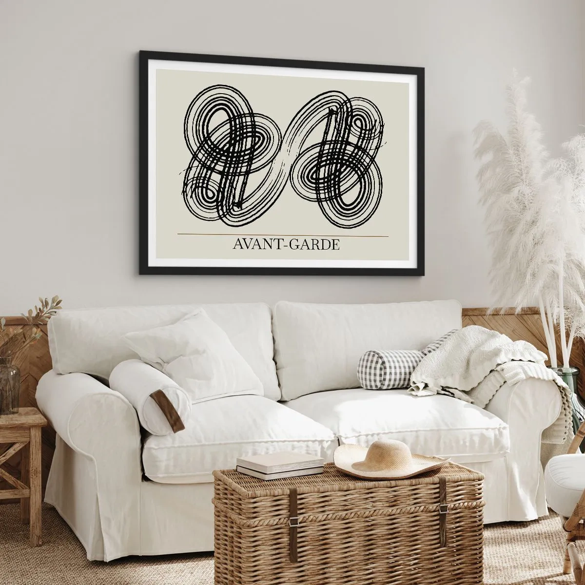 Poster in einem schwarzem Rahmen - Abstrakte schwarze Linien auf hellem Hintergrund im Avantgarde-Stil. - 70x50cm - Es kam spontan heraus - Moderne Wanddekoration für Wohnzimmer und Schlafzimmer ARTTOR