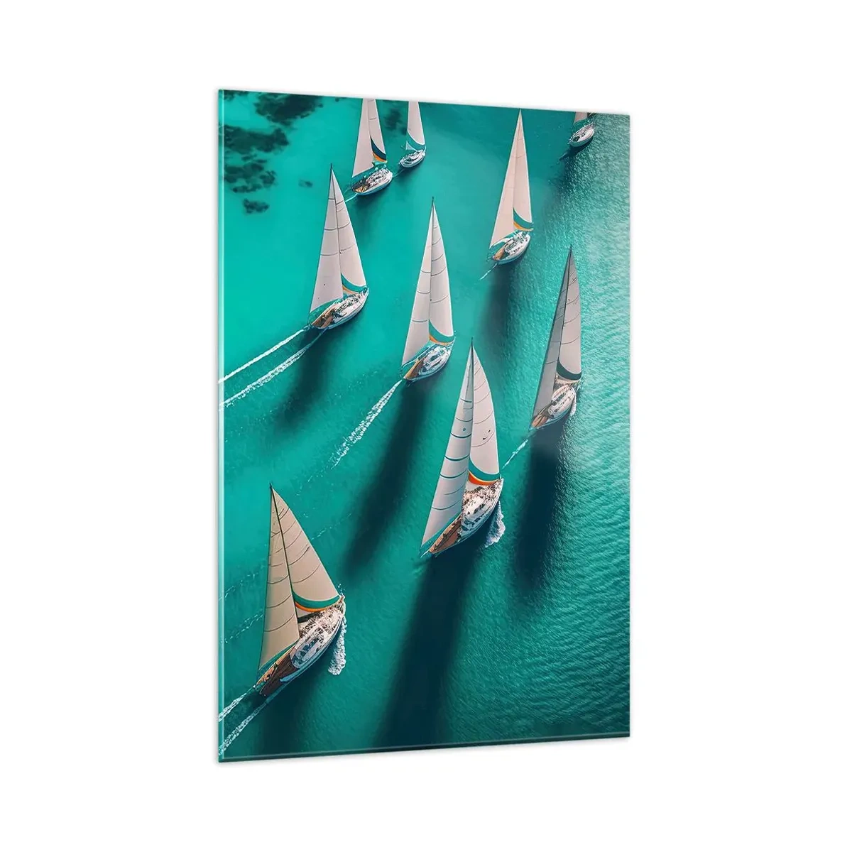 Glasbild - Bild auf glas - Yachten auf türkisfarbenem Wasser in dynamischer Bewegung - 80x120cm - Im Wettbewerb mit dem Wind - Moderne Wanddekoration für Wohnzimmer und Schlafzimmer ARTTOR