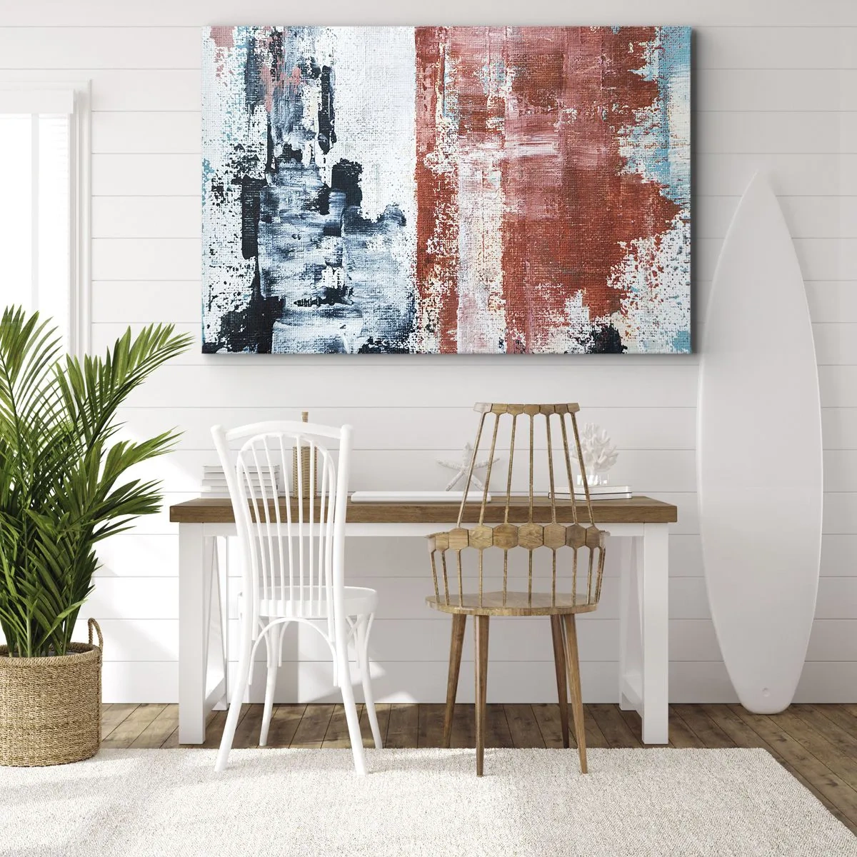 Bild auf Leinwand - Leinwandbild - Abstraktion in Weiß-, Blau- und Ziegelfarben - 100x70cm - Fünfzig-Fünfzig abstrakt - Moderne Wanddekoration für Wohnzimmer und Schlafzimmer ARTTOR