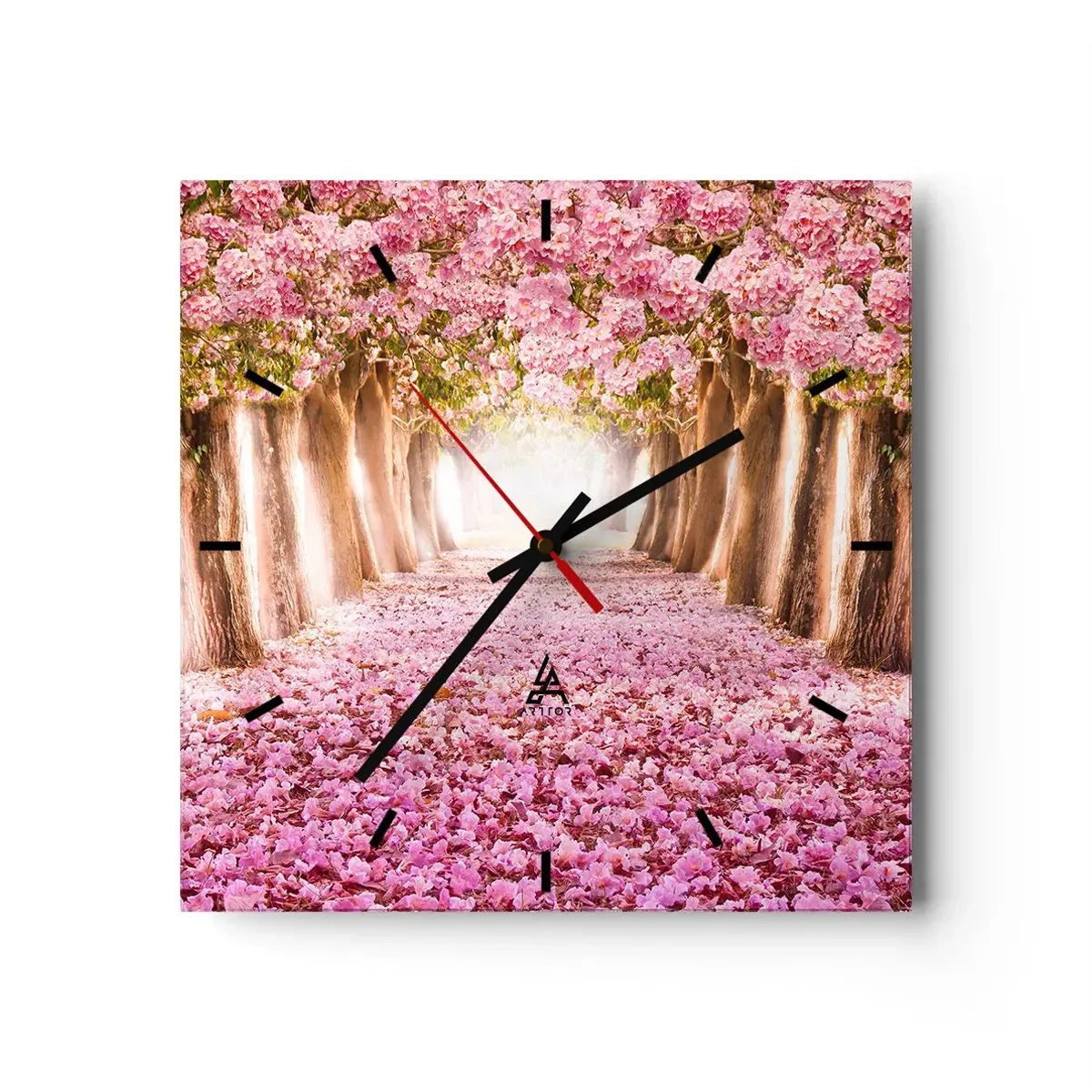 Wanduhr - Glasuhr - Eine Allee blühender Bäume in Rosatönen - 30x30cm - Der Weg ins Paradies - Moderne Wanddekoration für Wohnzimmer und Schlafzimmer ARTTOR
