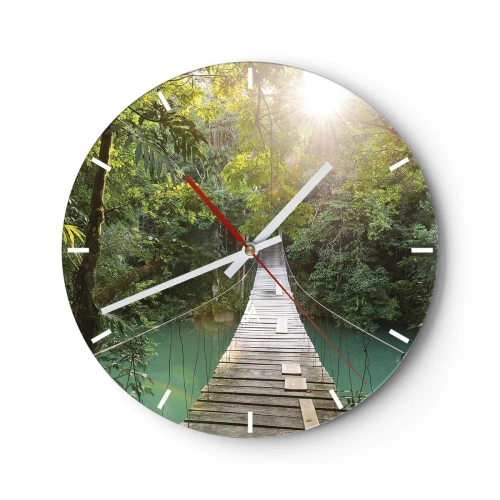 Wanduhr - Glasuhr - Hölzerne Hängebrücke im tropischen Dschungel im Morgengrauen - 30x30cm - Über das azurblaue Wasser zum azurblauen Wald - Moderne Wanddekoration für Wohnzimmer, Küche und Schlafzimmer ARTTOR