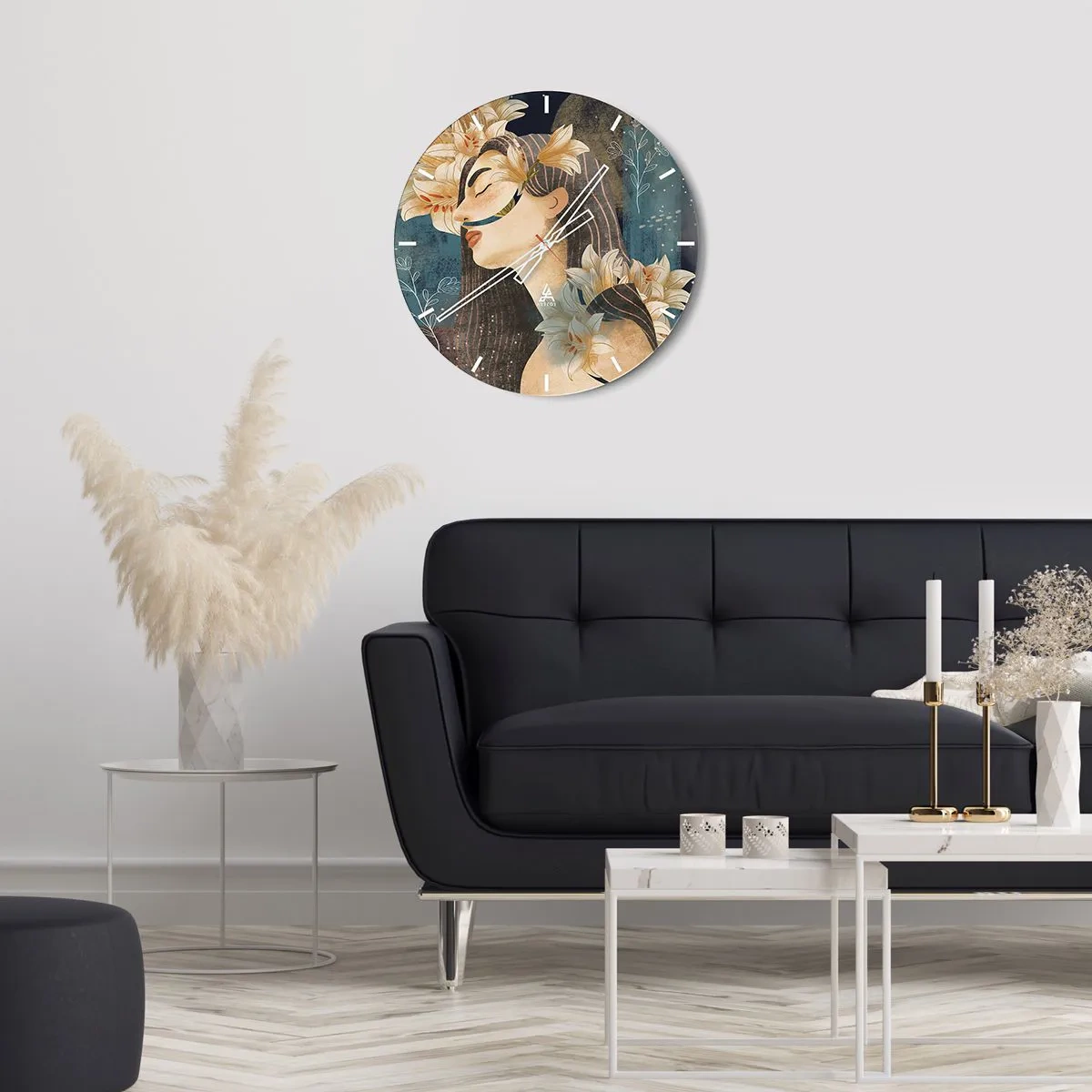 Wanduhr - Glasuhr - Porträt einer Frau mit geschlossenen Augen, umgeben von Lilien - 30x30cm - Ein Märchen über eine Prinzessin mit Lilien - Moderne Wanddekoration für Wohnzimmer, Küche und Schlafzimmer ARTTOR
