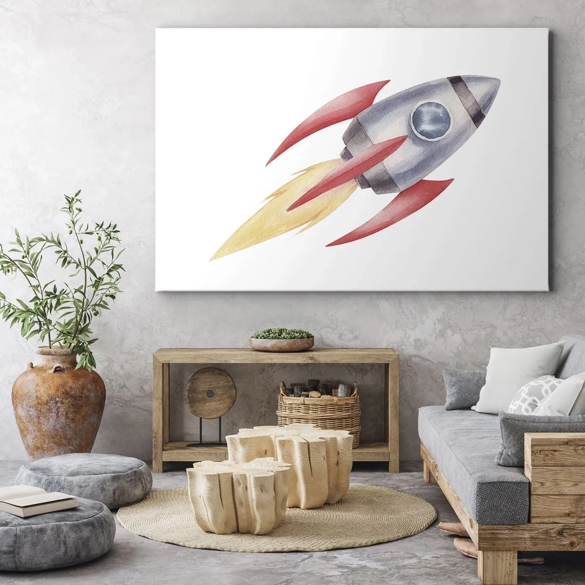 Bild auf Leinwand - Leinwandbild - Rakete im Aquarellstil auf weißem Hintergrund - 120x80cm - Höher, schneller, weiter - Moderne Wanddekoration für Wohnzimmer und Schlafzimmer ARTTOR
