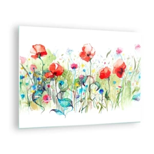 Glasbild - Bild auf glas - Bunte Mohnblumen und Wildblumen im Aquarellstil - 70x50cm - Blühende Maiwiese - Moderne Wanddekoration für Wohnzimmer und Schlafzimmer ARTTOR