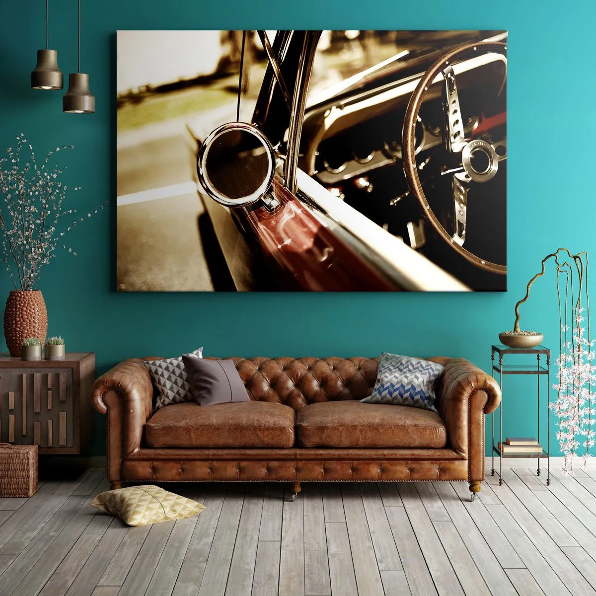 Bild auf Leinwand - Leinwandbild - Nahaufnahme des Spiegels und des Innenraums eines klassischen Retro-Autos - 70x50cm - Ein Auto mit Seele - Moderne Wanddekoration für Wohnzimmer und Schlafzimmer ARTTOR