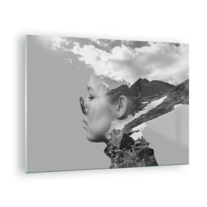 Glasbild - Bild auf glas - Ein kreatives Doppelbelichtungsporträt mit einer Berglandschaft und Wolken - 70x50cm - Top und bewölktes Porträt - Moderne Wanddekoration für Wohnzimmer und Schlafzimmer ARTTOR