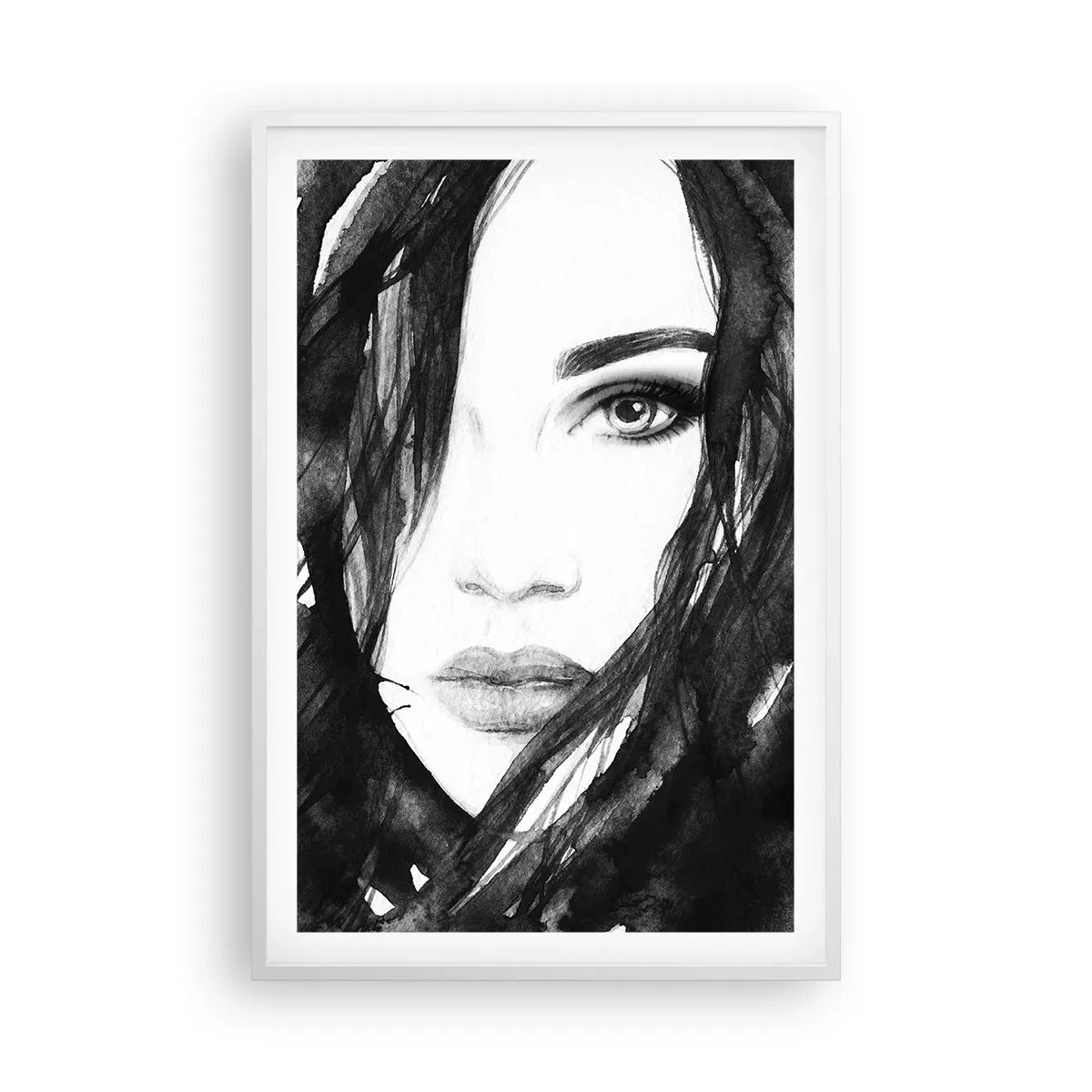 Poster in einem weißen Rahmen - Porträt einer Dame in Schwarzweiß - 61x91 cm