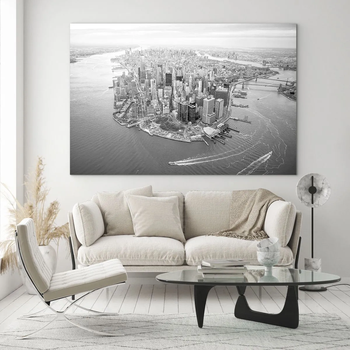 Glasbild - Bild auf glas - Eine Vogelperspektive der Stadt in Schwarzweiß - 70x50cm - Und wie kann es man nicht lieben? - Moderne Wanddekoration für Wohnzimmer und Schlafzimmer ARTTOR