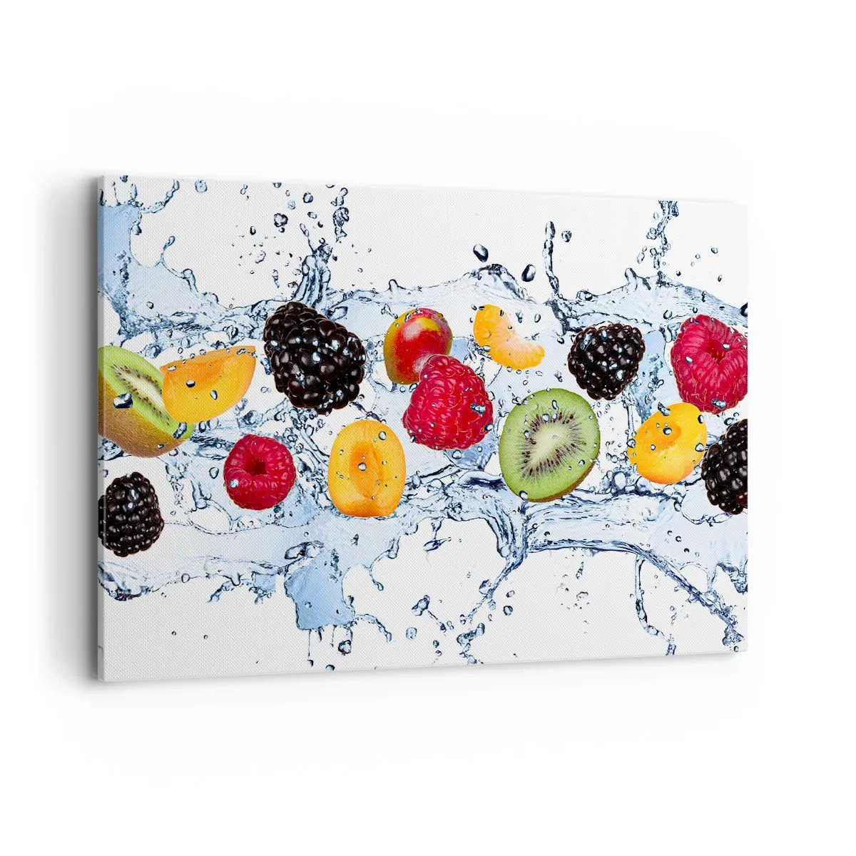 Bild auf Leinwand - Leinwandbild - Bunte Früchte in Wasserspritzern auf weißem Hintergrund eingetaucht - 120x80cm - Viel Spaß mit uns - Moderne Wanddekoration für Wohnzimmer und Schlafzimmer ARTTOR