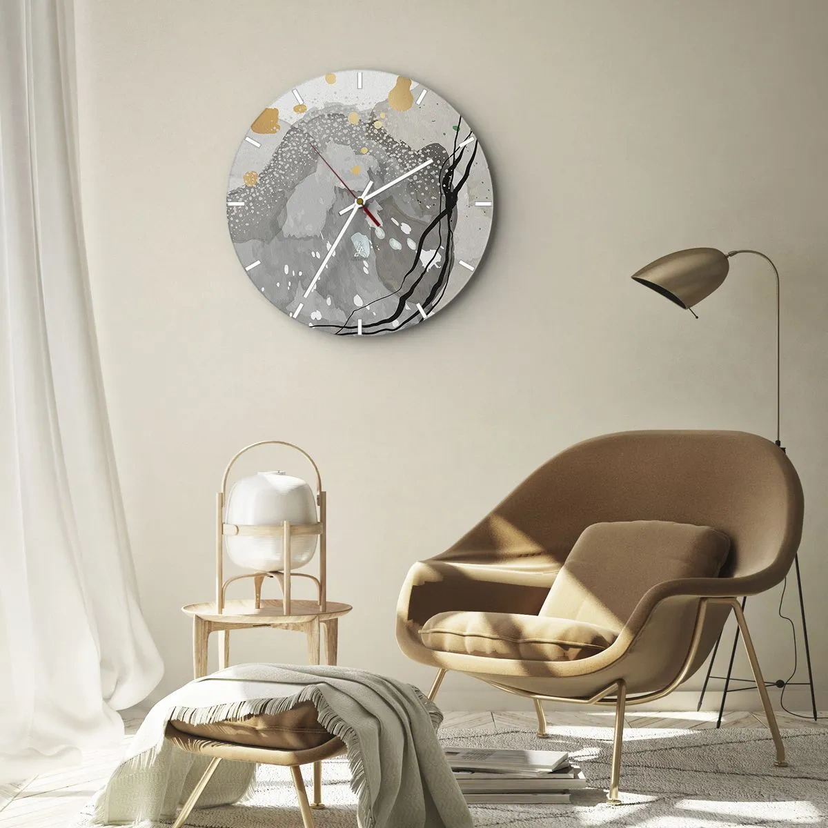 Wanduhr - Glasuhr - Eine abstrakte grau-beige Komposition mit organischen Formen. - 30x30cm - Organische Komposition - Moderne Wanddekoration für Wohnzimmer, Küche und Schlafzimmer ARTTOR