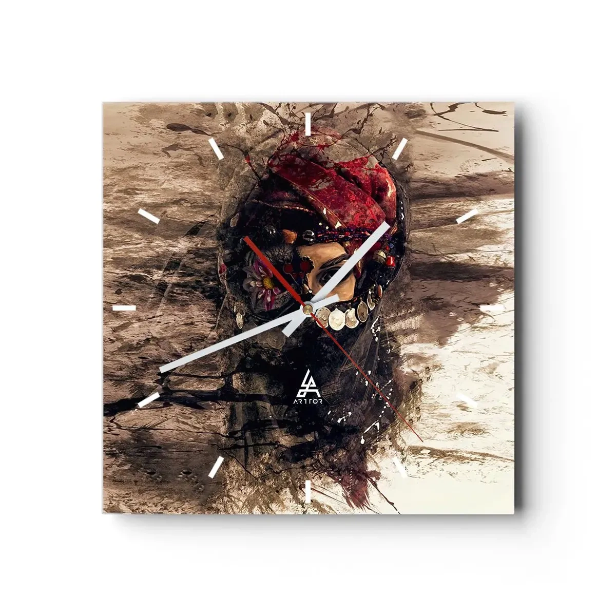 Wanduhr - Glasuhr - Künstlerisches Porträt einer Frau in orientalischer Kleidung vor abstraktem Hintergrund. - 30x30cm - Gelinde gesagt besorgniserregend - Moderne Wanddekoration für Wohnzimmer und Schlafzimmer ARTTOR