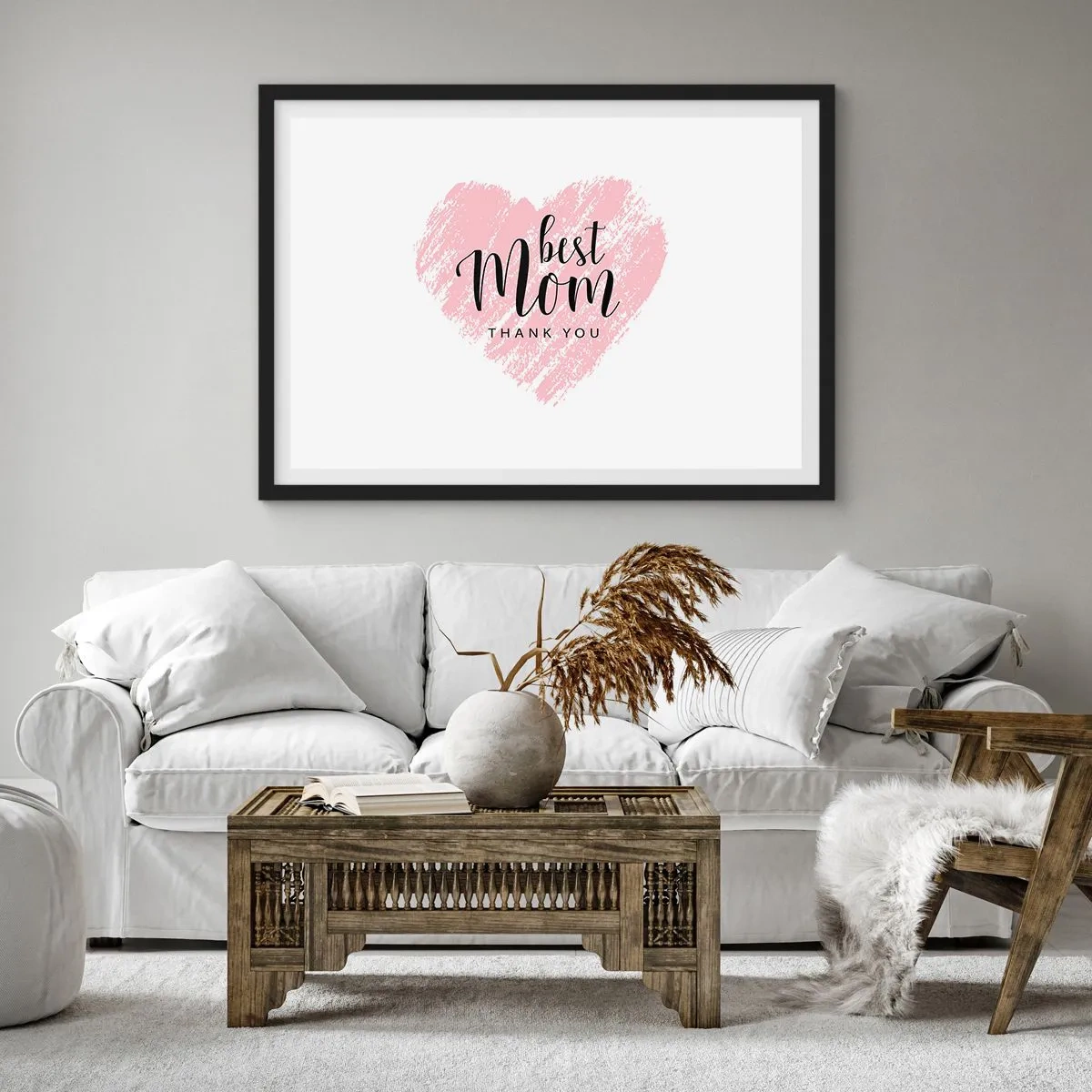 Poster in einem schwarzem Rahmen - Rosa Herz mit der Aufschrift „Best Mom Thank You“ auf weißem Hintergrund - 70x50cm - Immer der richtige Moment - Moderne Wanddekoration für Wohnzimmer und Schlafzimmer ARTTOR