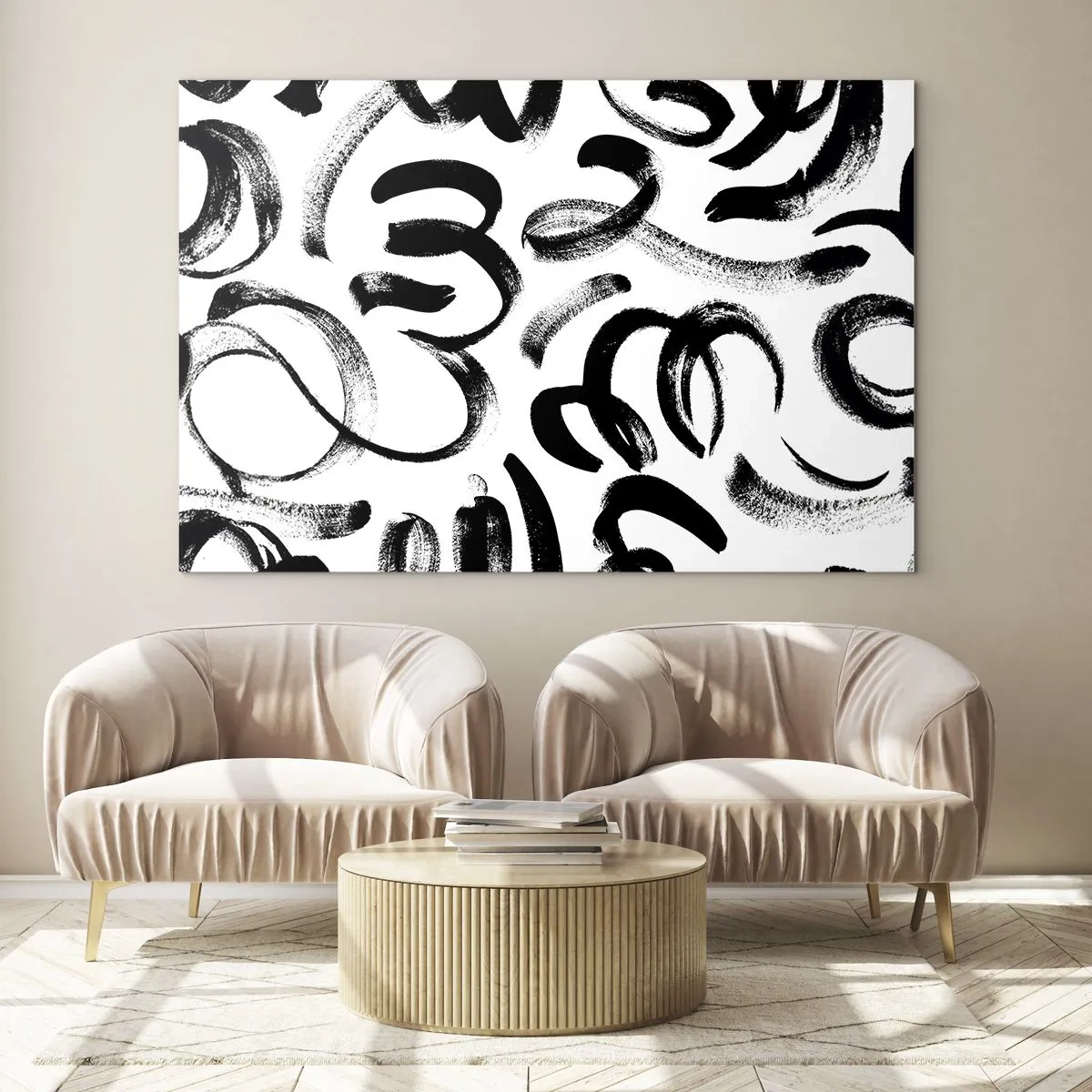 Glasbild - Bild auf glas - Schwarz-weiße abstrakte Pinselstriche - 120x80cm - Schwarz auf Weiß - Moderne Wanddekoration für Wohnzimmer und Schlafzimmer ARTTOR