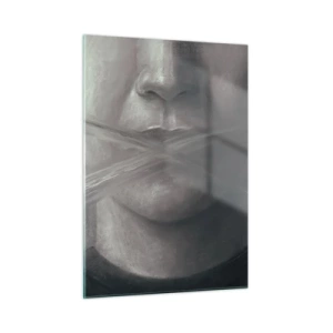 Glasbild - Bild auf glas - Porträt einer Person mit verschmierten Lippen in Grautönen - 50x70cm - Ohne ein Wort - Moderne Wanddekoration für Wohnzimmer und Schlafzimmer ARTTOR
