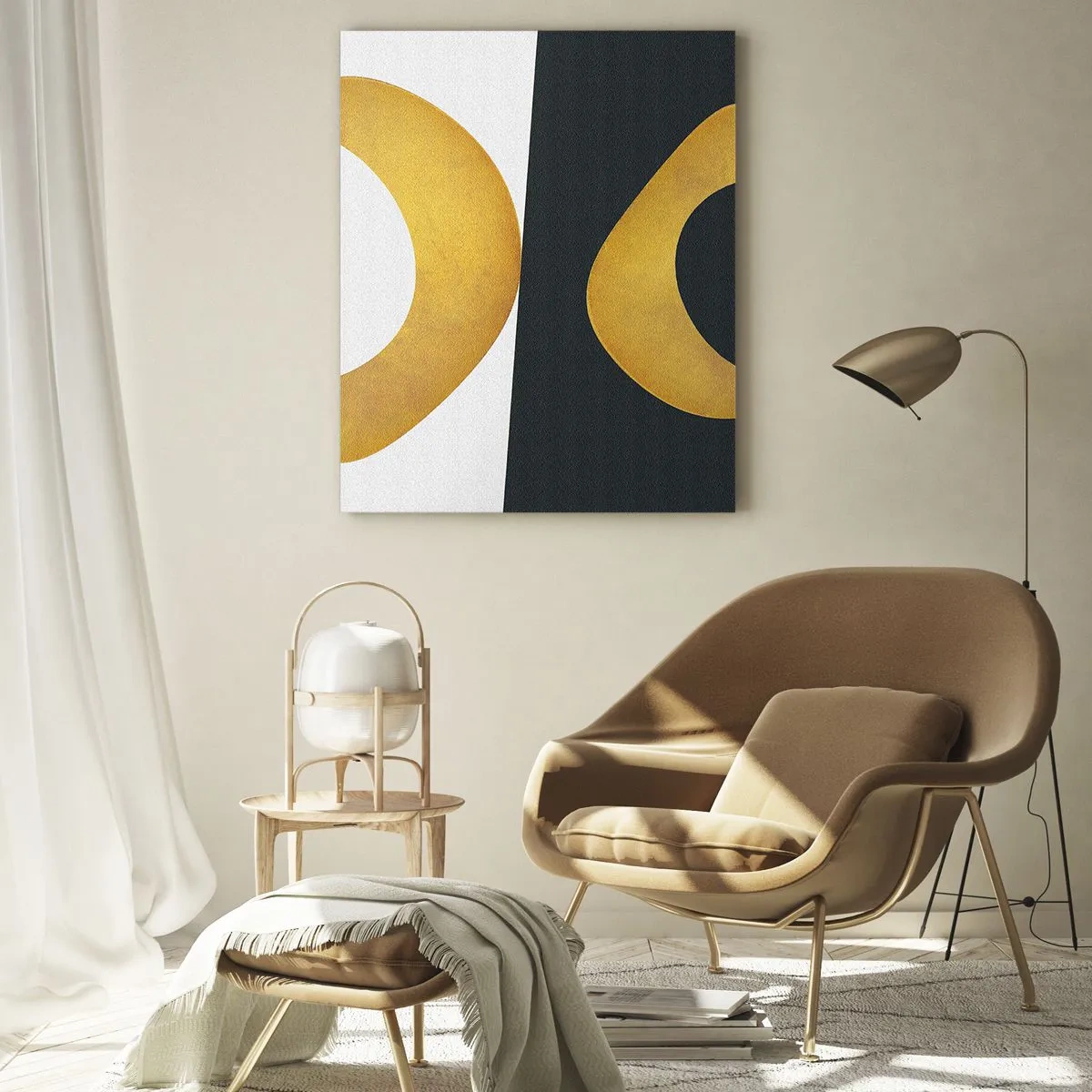 Glasbild - Bild auf glas - Geometrische Formen in Gold auf weißem und dunklem Hintergrund - 80x120cm - Erstens: Gold - Moderne Wanddekoration für Wohnzimmer und Schlafzimmer ARTTOR