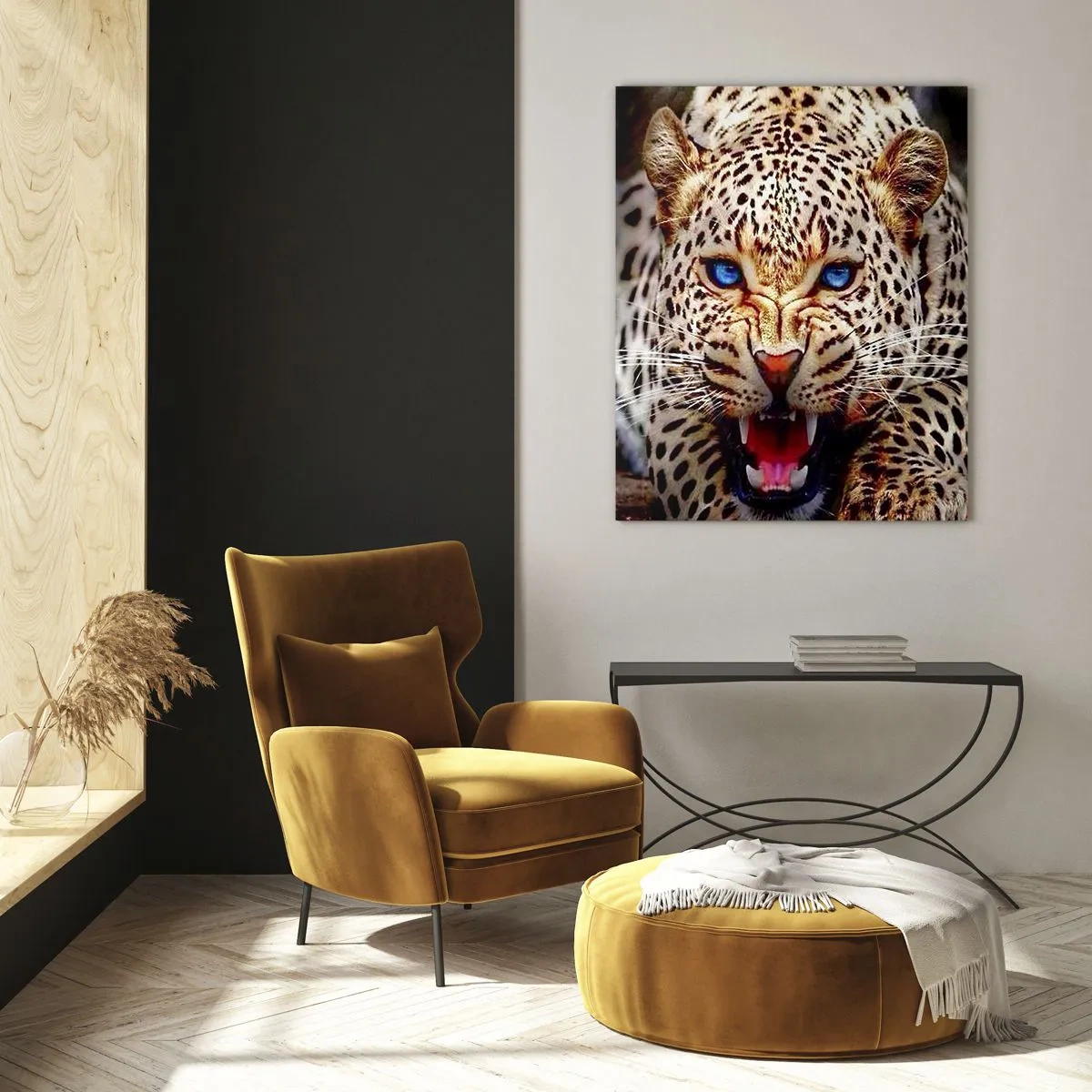 Glasbild - Bild auf glas - Ein wilder blauäugiger Leopard in freier Wildbahn - 50x70cm - Schönheitswut tut nicht weh - Moderne Wanddekoration für Wohnzimmer und Schlafzimmer ARTTOR