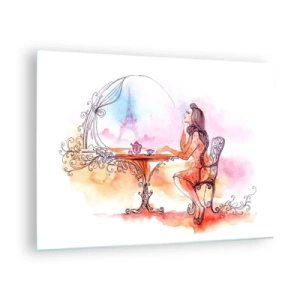 Glasbild - Bild auf glas - Eine Frau an einem Tisch mit Blick auf den Eiffelturm in Pastelltönen - 70x50cm - Pariser Chic - Moderne Wanddekoration für Wohnzimmer und Schlafzimmer ARTTOR