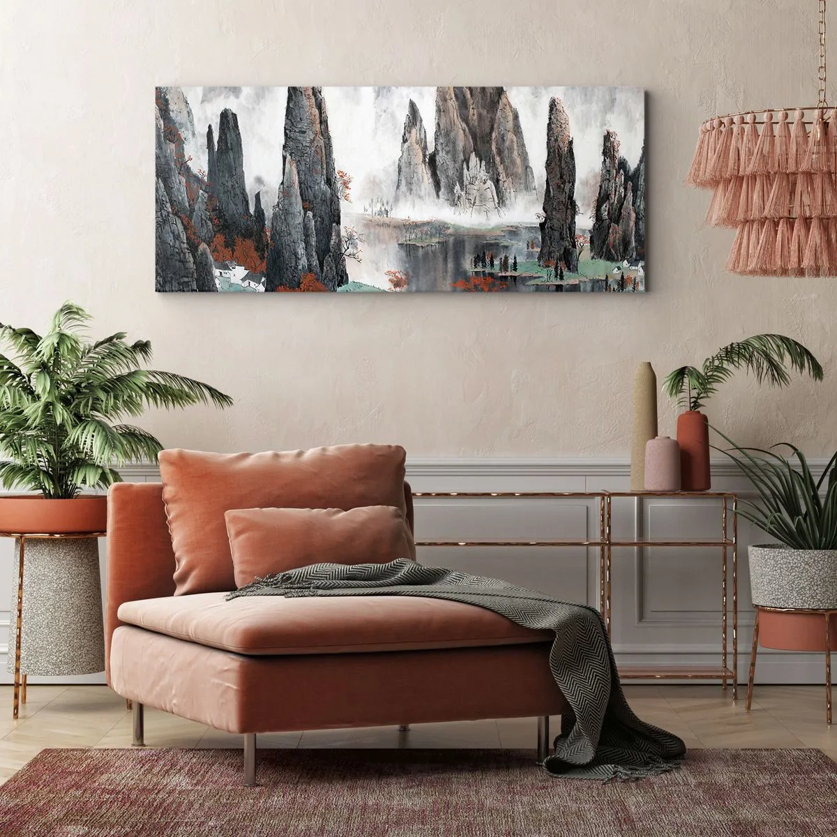 Bild auf Leinwand - Leinwandbild - Malerische Felsen und Bäume in der nebligen chinesischen Landschaft - 160x50cm - Mächtige Wächter - Moderne Wanddekoration für Wohnzimmer und Schlafzimmer ARTTOR