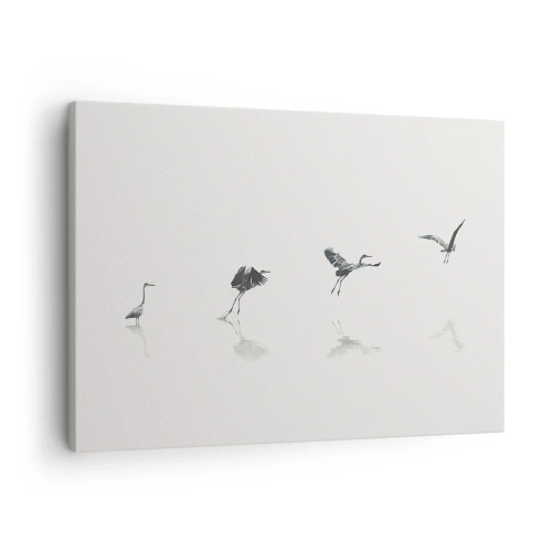 Bild auf Leinwand - Leinwandbild - Vier Vogelsilhouetten spiegeln sich im ruhigen Wasser - 70x50cm - Vier einfache Schritte - Moderne Wanddekoration für Wohnzimmer und Schlafzimmer ARTTOR