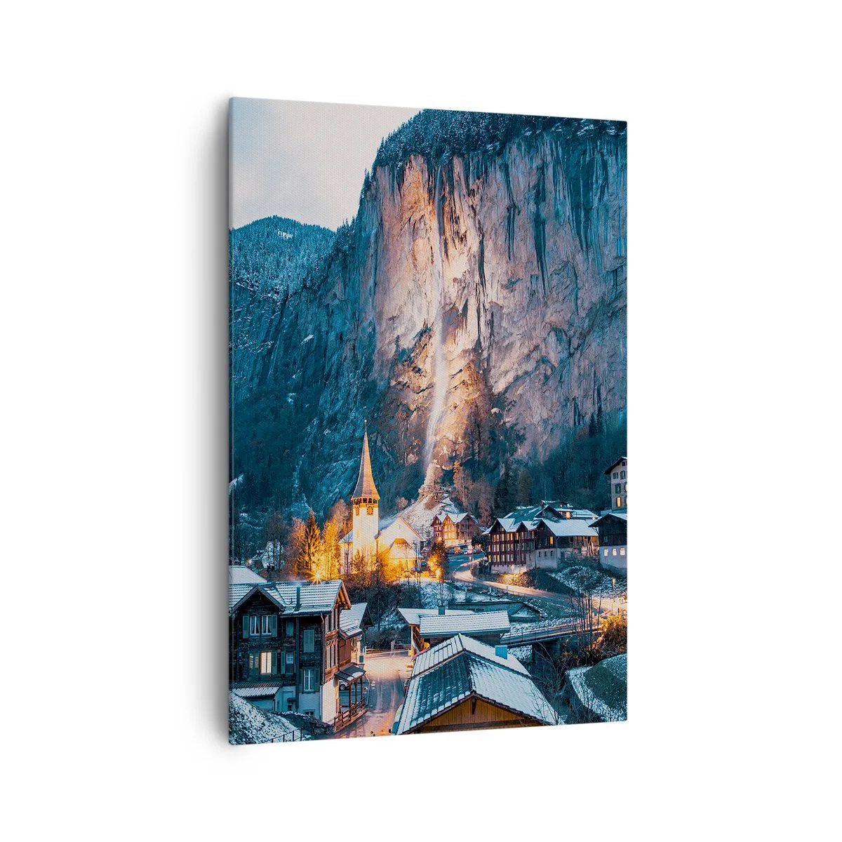 Bild auf Leinwand - Leinwandbild - Ein malerisches Winterdorf, umgeben von Bergen - 70x100cm - Der leuchtende Geist des Winters - Moderne Wanddekoration für Wohnzimmer und Schlafzimmer ARTTOR