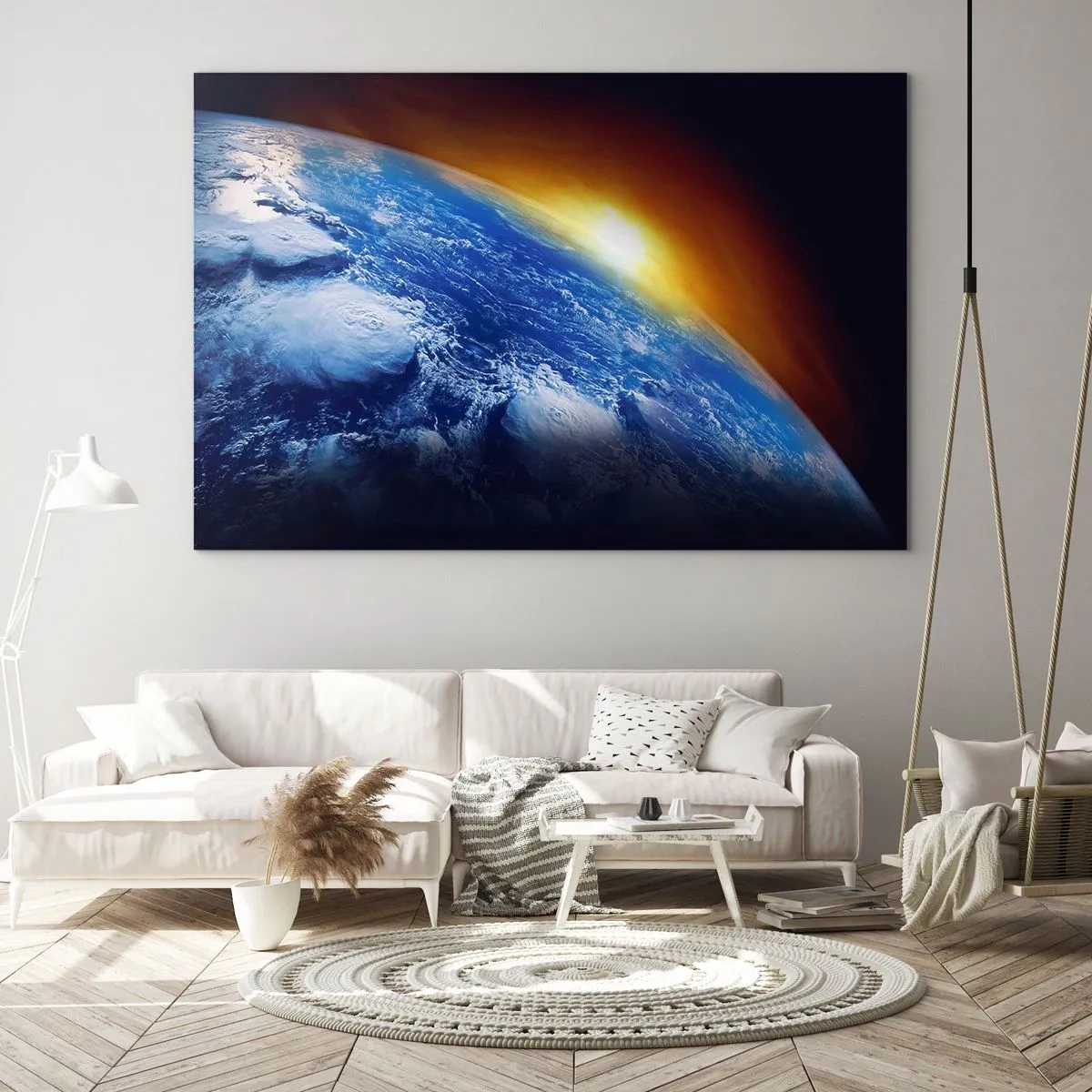Glasbild - Bild auf glas - Erde im Weltraum, beleuchtet von den Sonnenstrahlen - 120x80cm - Sonnenaufgang über dem blauen Planeten - Moderne Wanddekoration für Wohnzimmer und Schlafzimmer ARTTOR
