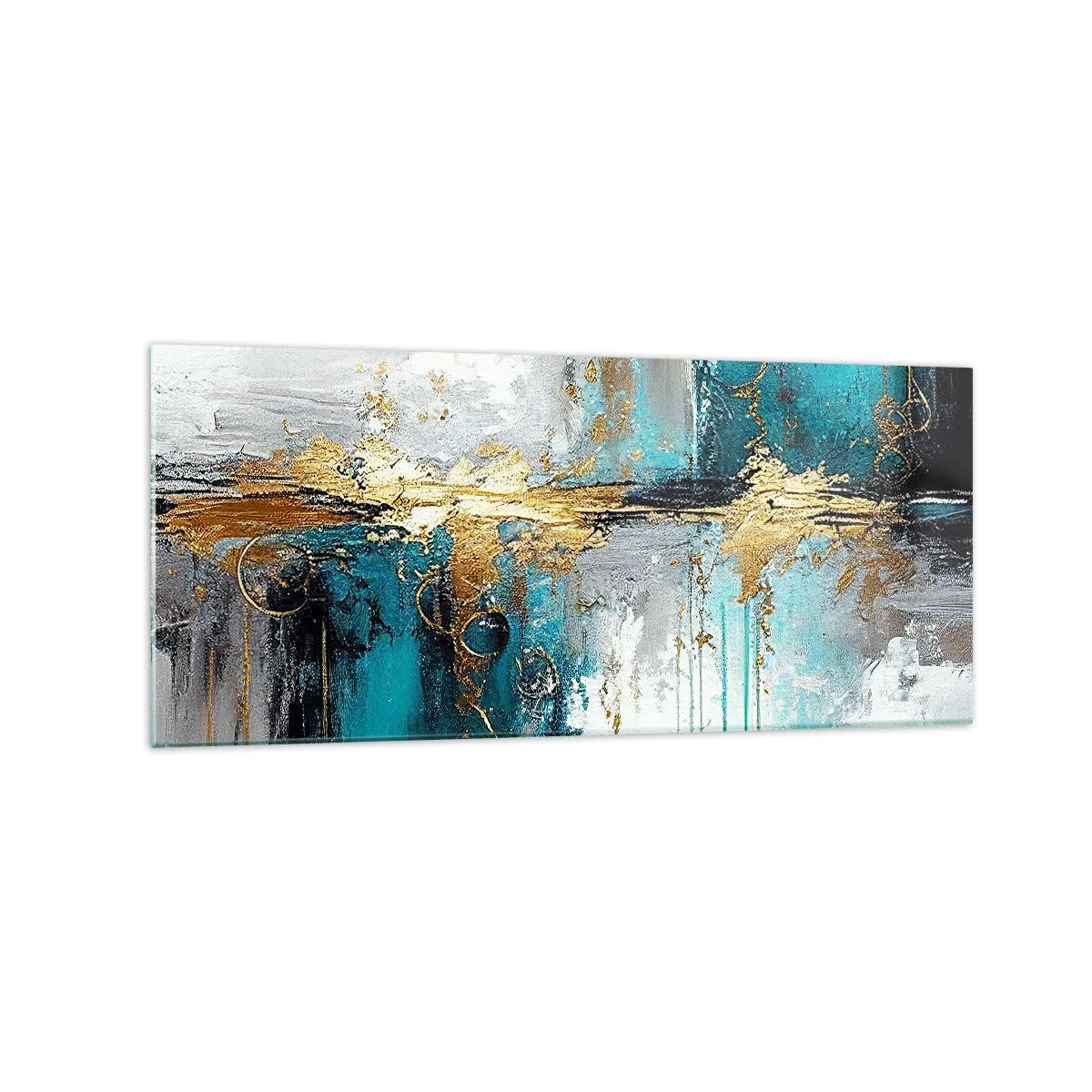 Glasbild - Bild auf glas - Eine abstrakte Komposition mit türkisfarbenen und goldenen Akzenten. - 120x50cm - Alles fließt - Moderne Wanddekoration für Wohnzimmer und Schlafzimmer ARTTOR