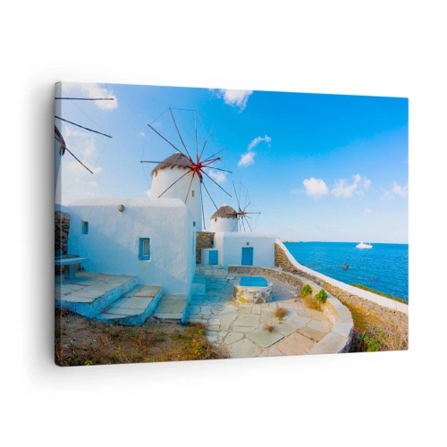 Bild auf Leinwand - Leinwandbild - Weiße Windmühlen an den Ufern des blauen Meeres - 70x50cm - Der blaue Wind vom Meer - Moderne Wanddekoration für Wohnzimmer und Schlafzimmer ARTTOR