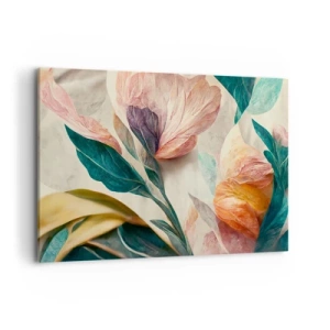 Bild auf Leinwand - Leinwandbild - Bunte Blumen im tropischen Stil auf hellem Hintergrund - 120x80cm - Blumen der südlichen Inseln - Moderne Wanddekoration für Wohnzimmer und Schlafzimmer ARTTOR