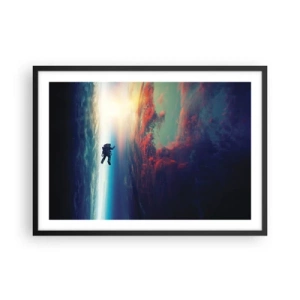 Poster in einem schwarzem Rahmen - Ein Astronaut schwebt im Weltraum über einer bunten Erde - 70x50cm - Sich dem Universum stellen - Moderne Wanddekoration für Wohnzimmer und Schlafzimmer ARTTOR