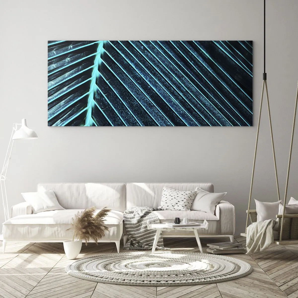 Glasbild - Bild auf glas - Makrofotografie eines Blattes in Türkis- und Marineblautönen - 140x50cm - Grüne Textur - Moderne Wanddekoration für Wohnzimmer und Schlafzimmer ARTTOR