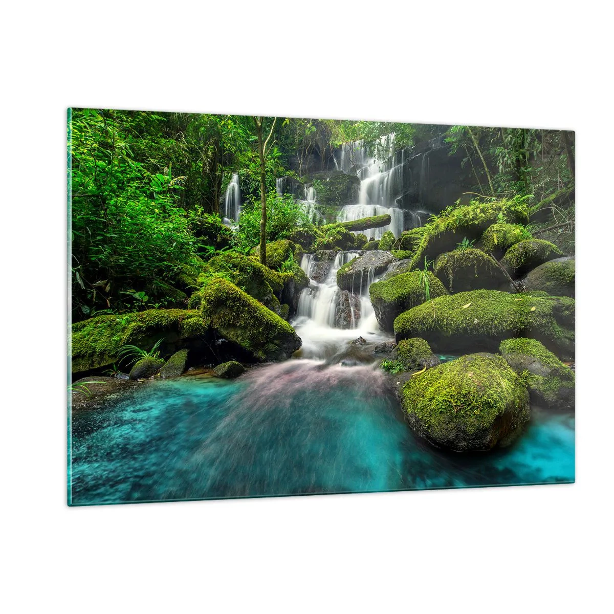 Glasbild - Bild auf glas - Ein exotischer Wasserfall, umgeben von üppigem Grün und türkisfarbenem Wasser - 120x80cm - Türkis, Saphire und flüssiges Silber - Moderne Wanddekoration für Wohnzimmer und Schlafzimmer ARTTOR