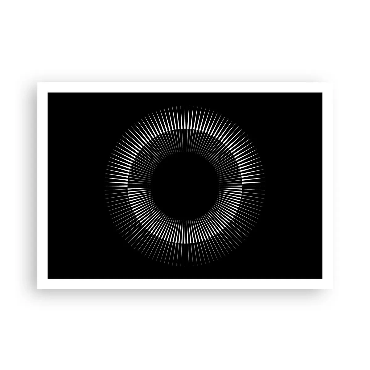 Poster - Grafischer Kreis mit Strahlen in Schwarz und Weiß - 100x70cm - Schwarze Sonne - Moderne Wanddekoration für Wohnzimmer und Schlafzimmer ARTTOR
