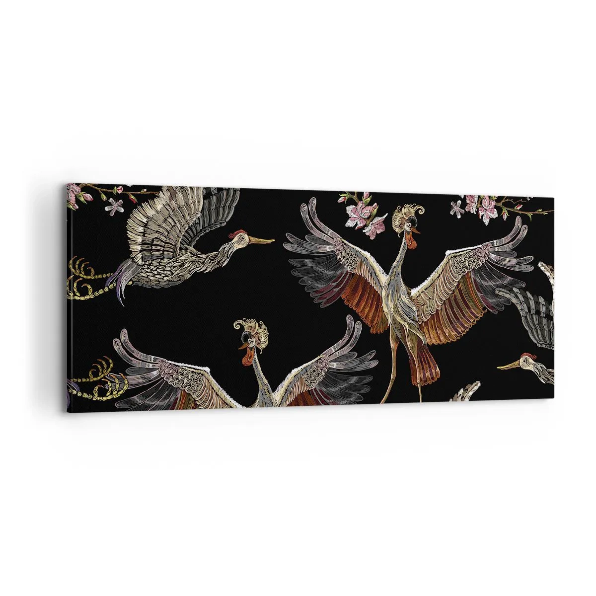 Bild auf Leinwand - Leinwandbild - Stilvolle Kraniche und Blumen auf schwarzem Hintergrund - 120x50cm - Märchenvogel - Moderne Wanddekoration für Wohnzimmer und Schlafzimmer ARTTOR